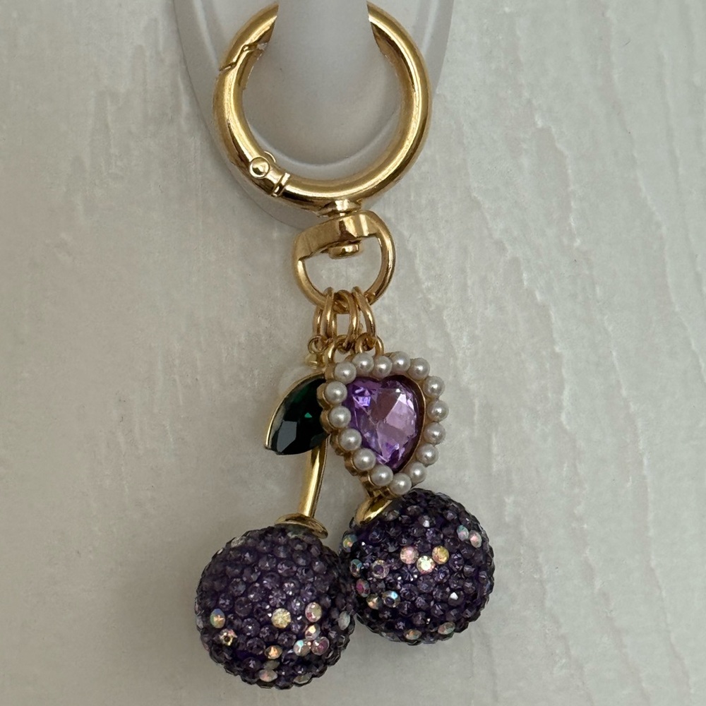 Cherry Keychain with Gold and Purple Accents, NEW, Sparkly